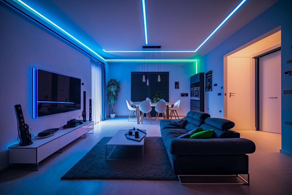A modern and confortable living room illuminated by led strips