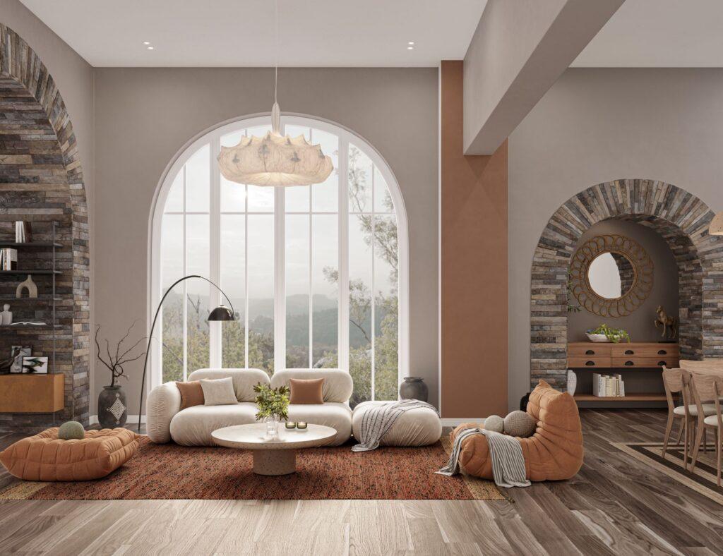 Gemütliches Haus Interieur in Pastellfarben mit Hartholzboden auf Bogen Wand Hintergrund, 3d Rendering