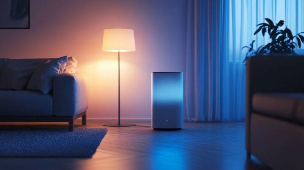 Modernes Wohnzimmer mit indirektem Licht und Luftreiniger beim stilvollen Wohnzimmer gestalten