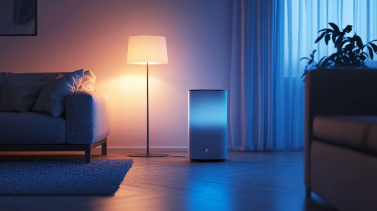 Modernes Wohnzimmer mit indirektem Licht und Luftreiniger beim stilvollen Wohnzimmer gestalten