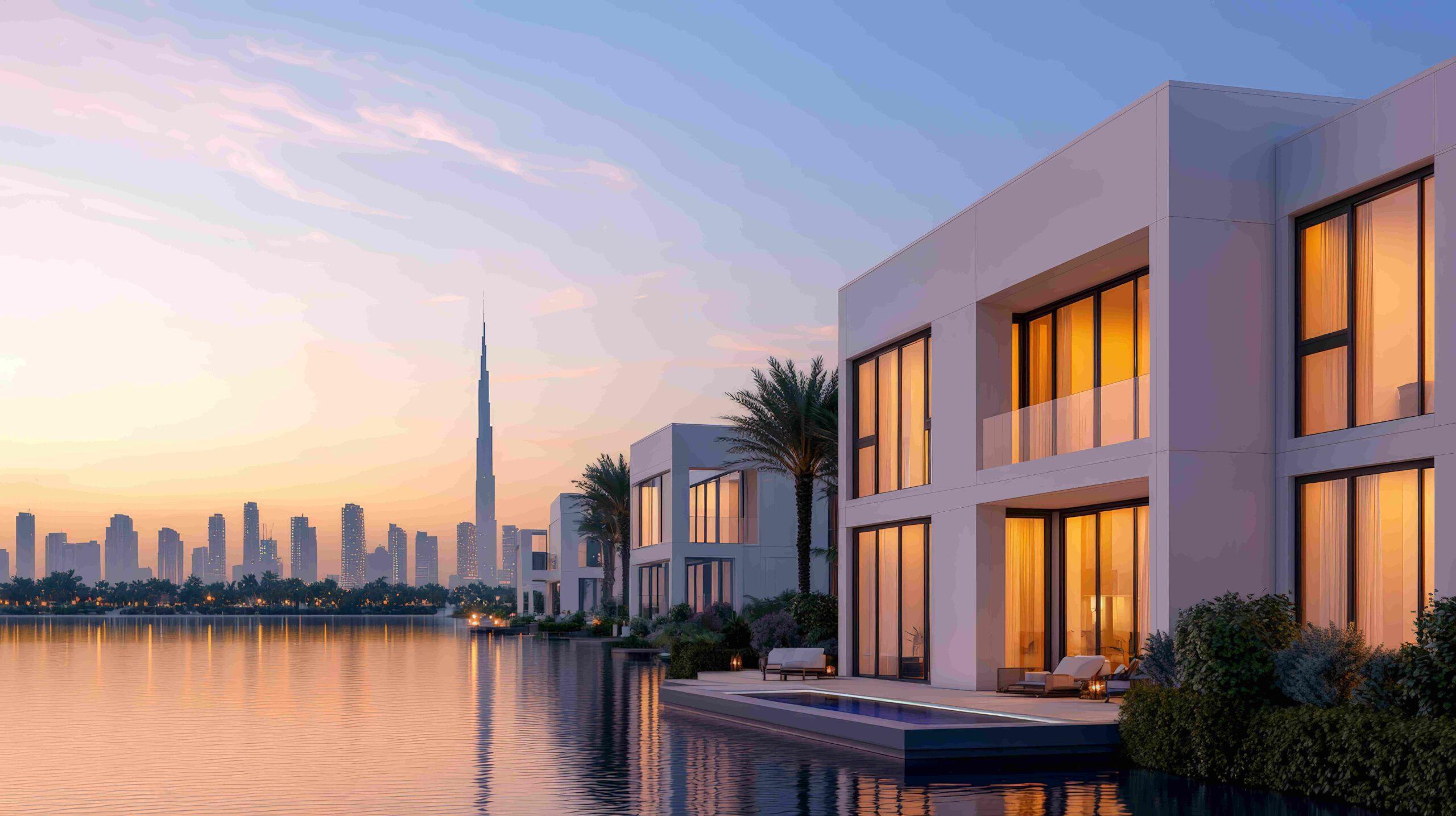 Palm Jumeirah Villen leuchten in einer strahlenden Nachtszene