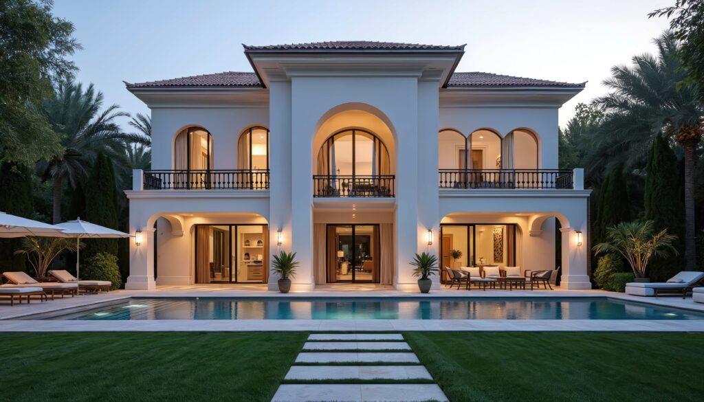 Die atemberaubende moderne neoklassizistische Villa in Dubai verfügt über große Fenster, gewölbte Türen, einen Swimmingpool und Sitzgelegenheiten im Freien inmitten üppiger Pflanzen.
