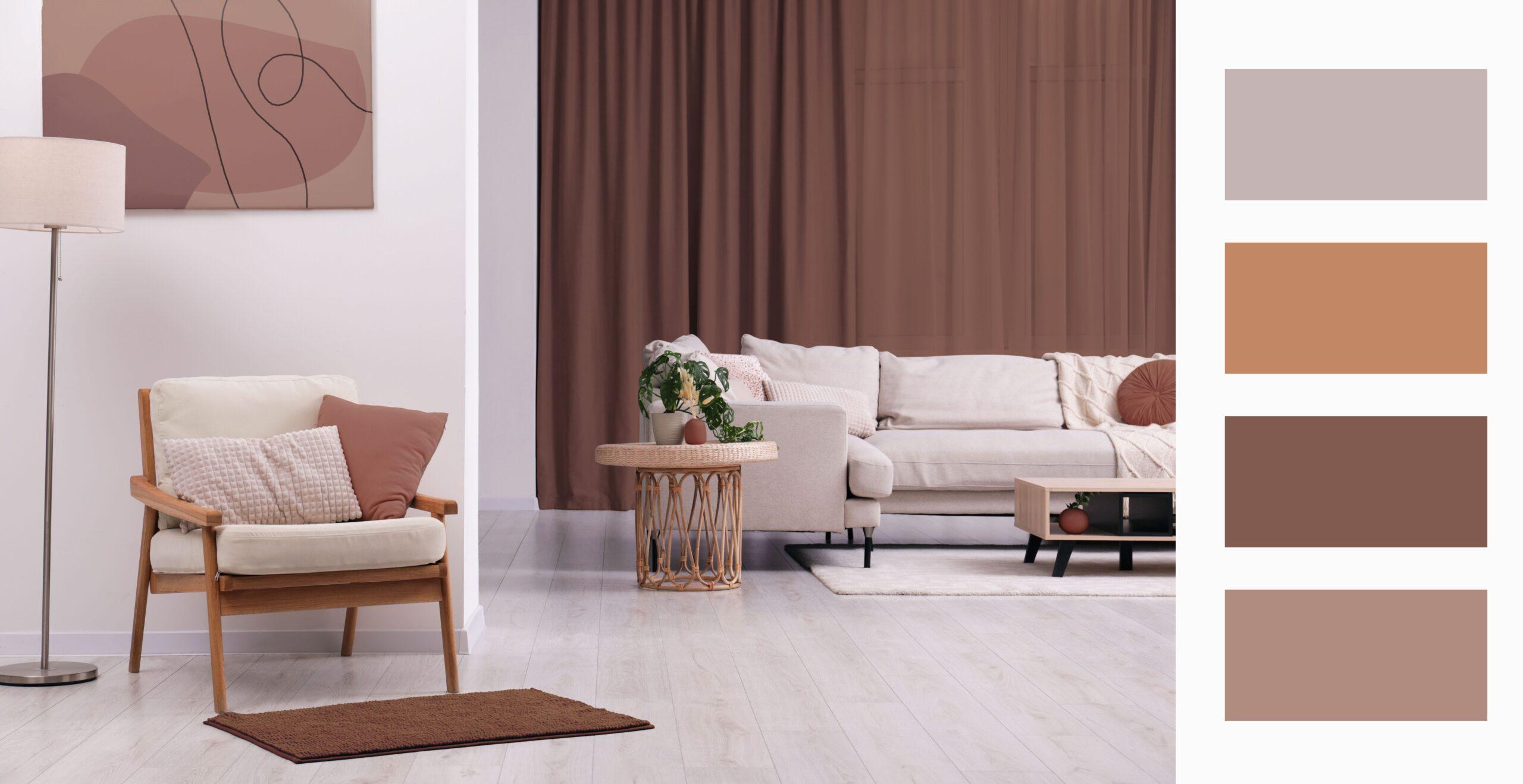 Stilvolle Wohnung mit Elementen im Mokka-Mousse-Farbton. Innenarchitektur und passende Farbpalette