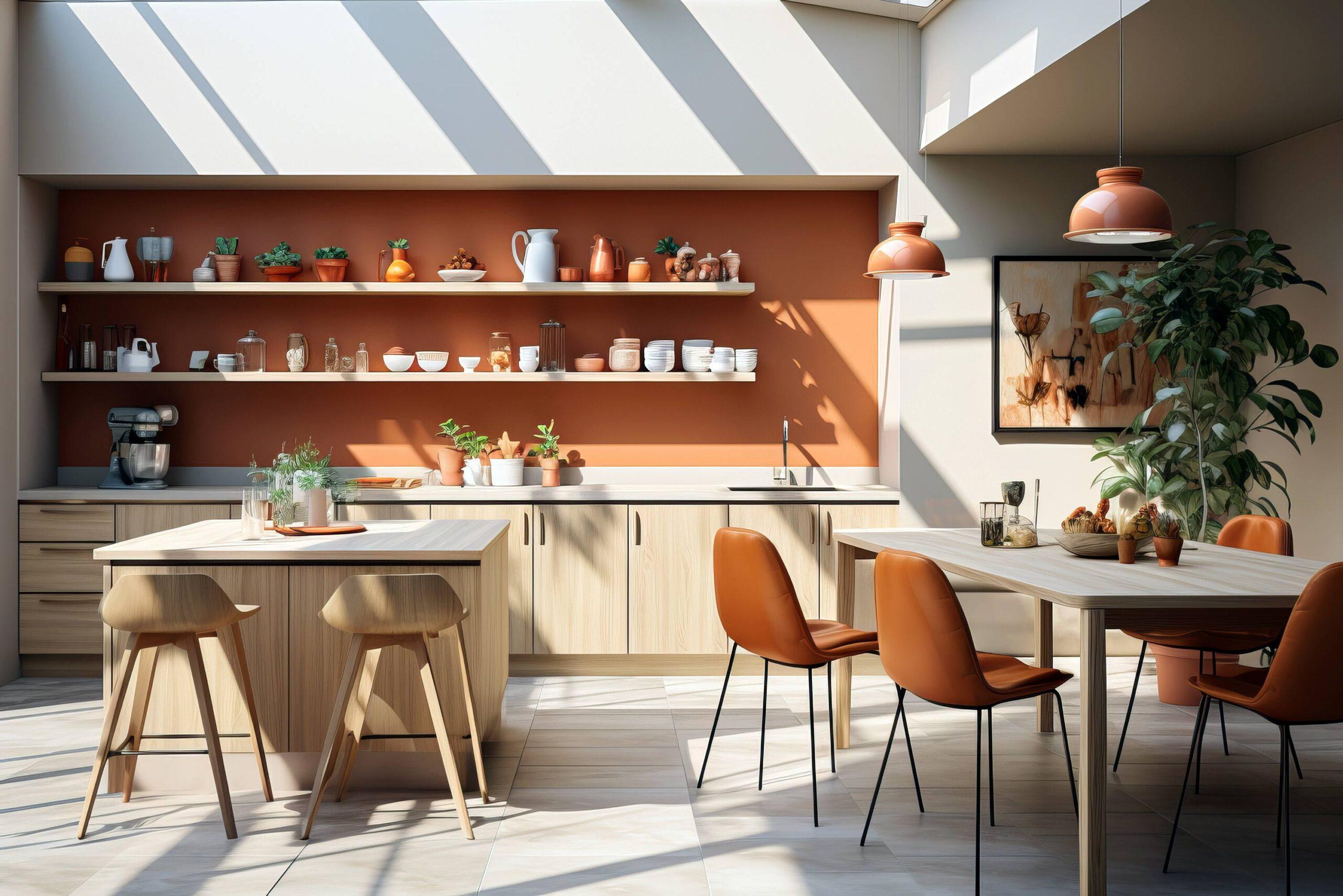 Modernes Kücheninterieur mit Terrakotta-Akzenten, Holzschränken, offenen Regalen mit Dekor und natürlichem Sonnenlicht.