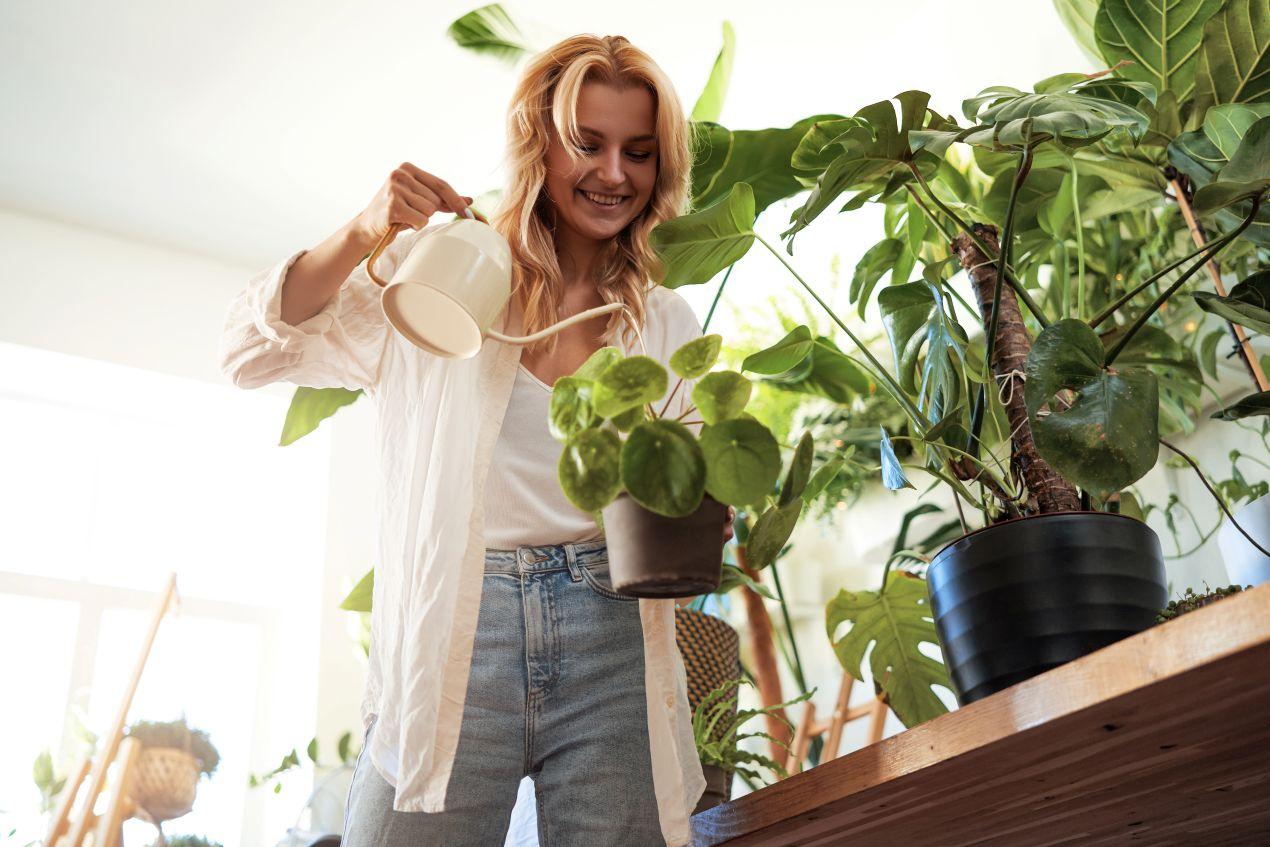 Frau mit Gießkanne pflegt Zimmerpflanzen in modernen Blumentoepfen in heller Wohnung