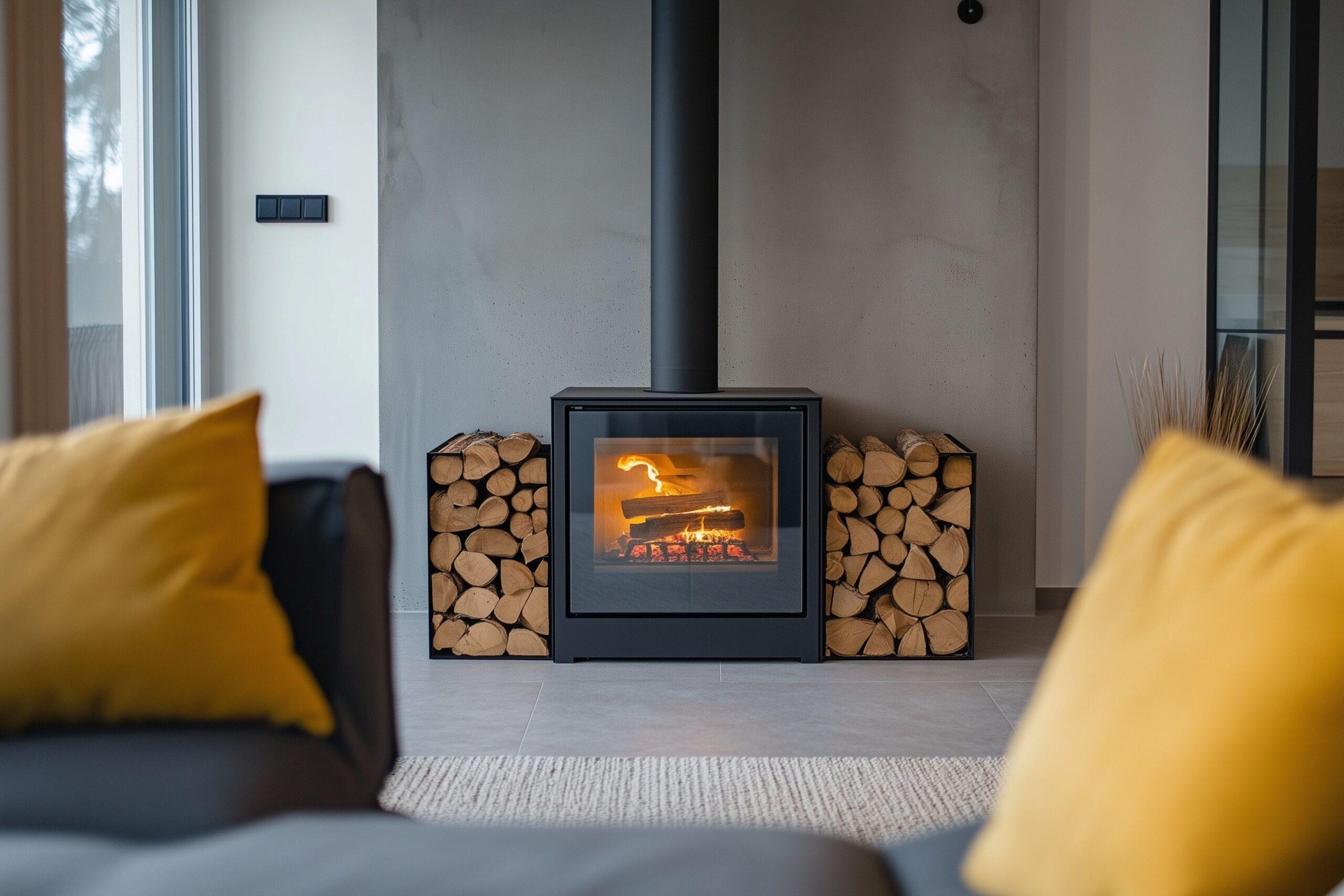 Moderner Kamin mit Kaminholz, gestapelt im Wohnzimmer neben einem brennenden Ofen