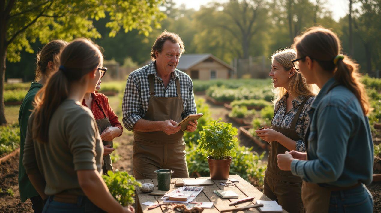 Team aus Gartenbau Walldorf bespricht Pflanzkonzepte und Bauplaene im Freien, mit Topfpflanze und Skizzen auf Holztisch