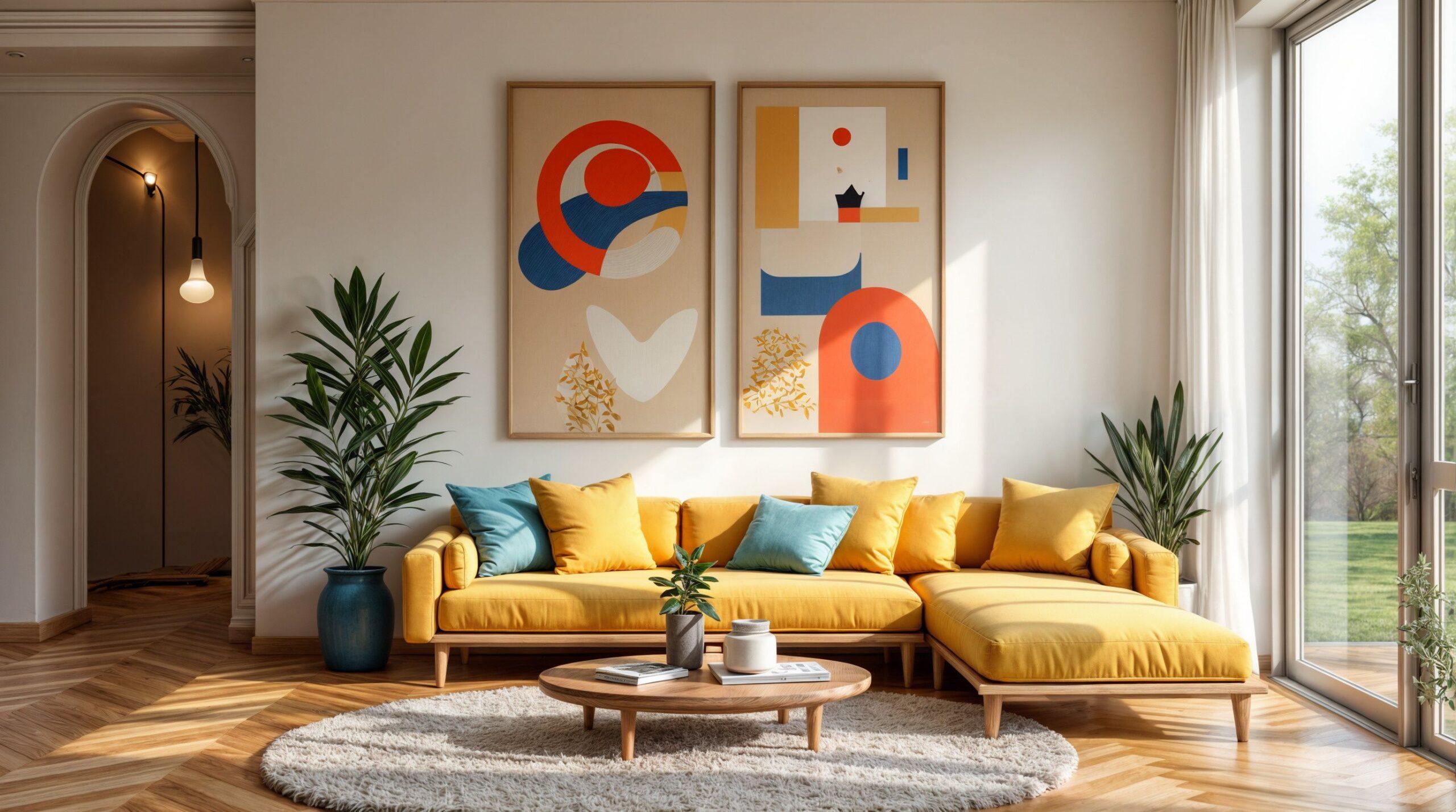 Ein Wohnzimmer mit einer gelben Couch und zwei Gemälden an der Wand