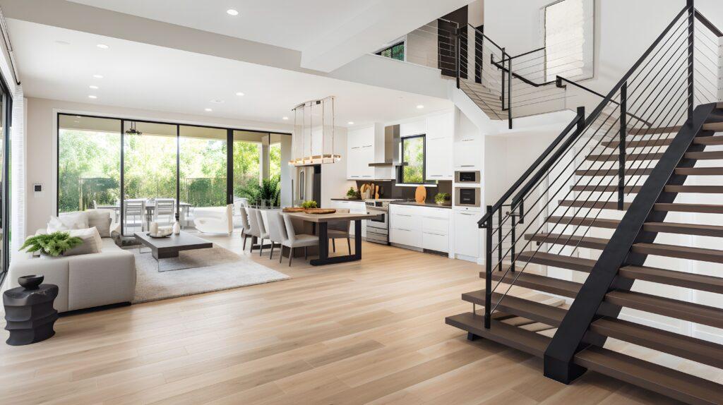 Stilvolle, geräumige Küche und Wohnzimmer mit Kühlschrank und Waschmaschine, die auf den gemütlichen Essbereich mit Holzdecke und dem angrenzenden offenen Balkon blicken.