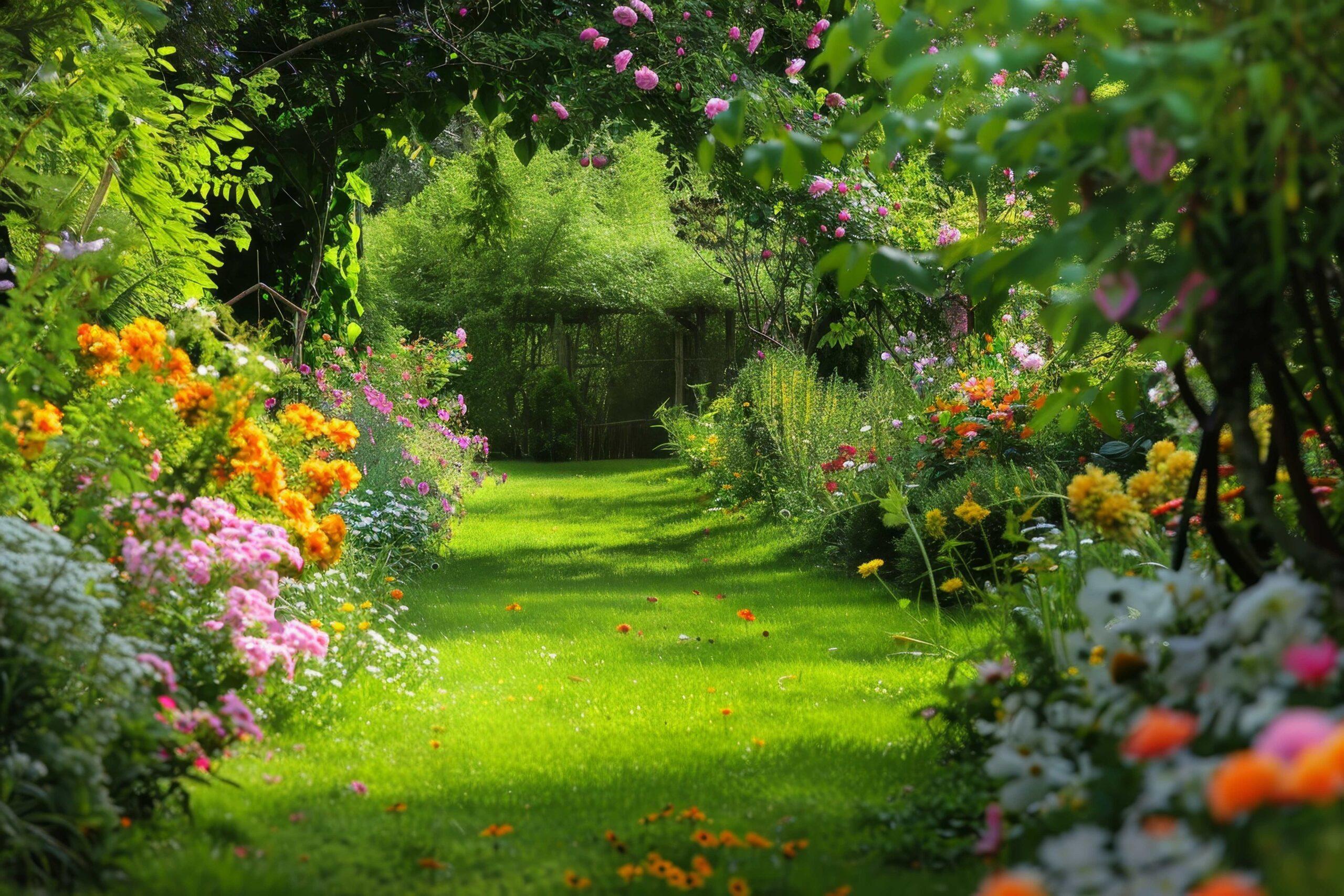Ein malerischer Gartenweg, gesäumt von lebhaften Blumen, die im Sonnenlicht erstrahlen, Ein bezaubernder Garten mit blühenden Blumen.