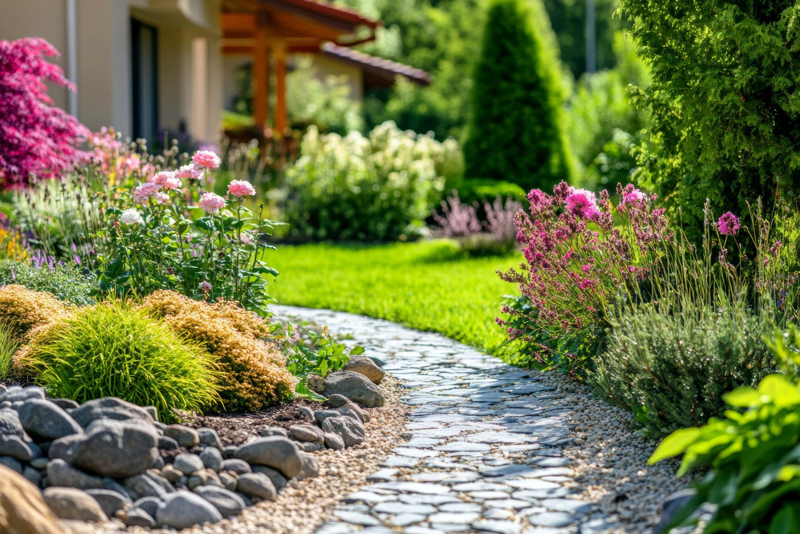 Verwandeln Sie Ihren Außenbereich mit kreativen Landschaftsideen und lebendigen Blumenbeeten in einer ruhigen Gartenumgebung.