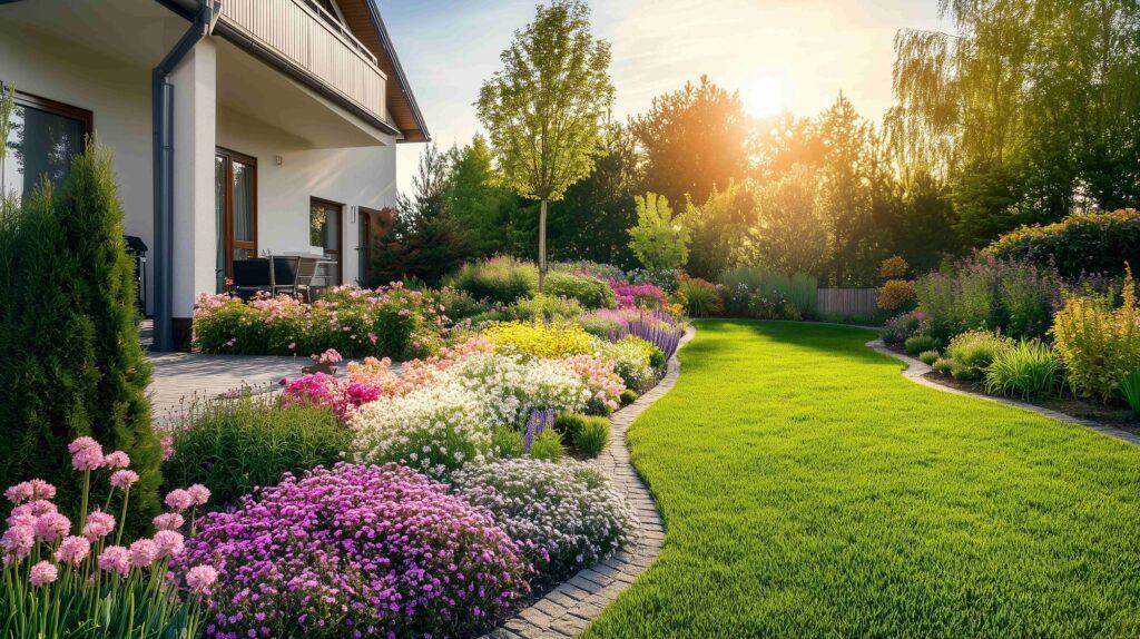 Schöner Gartengarten mit grünem Gras und bunten Blumen im Vorgarten des Hauses, ein Frühlingslandschaftsdesign mit Blumenbeeten.