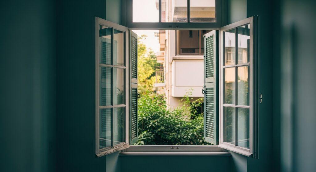 Geöffnetes Fenster mit Blick auf Garten und Pflanzen | Insektenschutz nach Maß