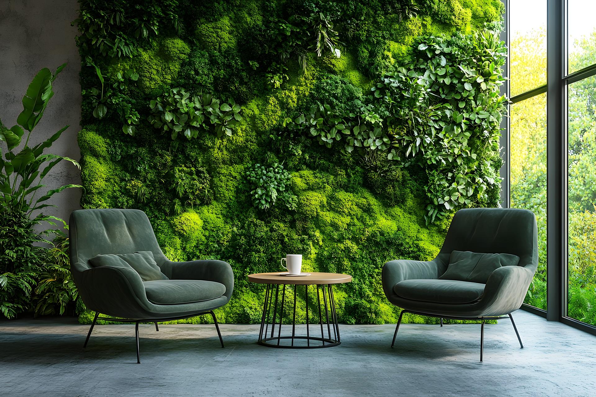 Moderner Loungebereich mit üppiger Mooswand und Sesseln | Moos Wandbild