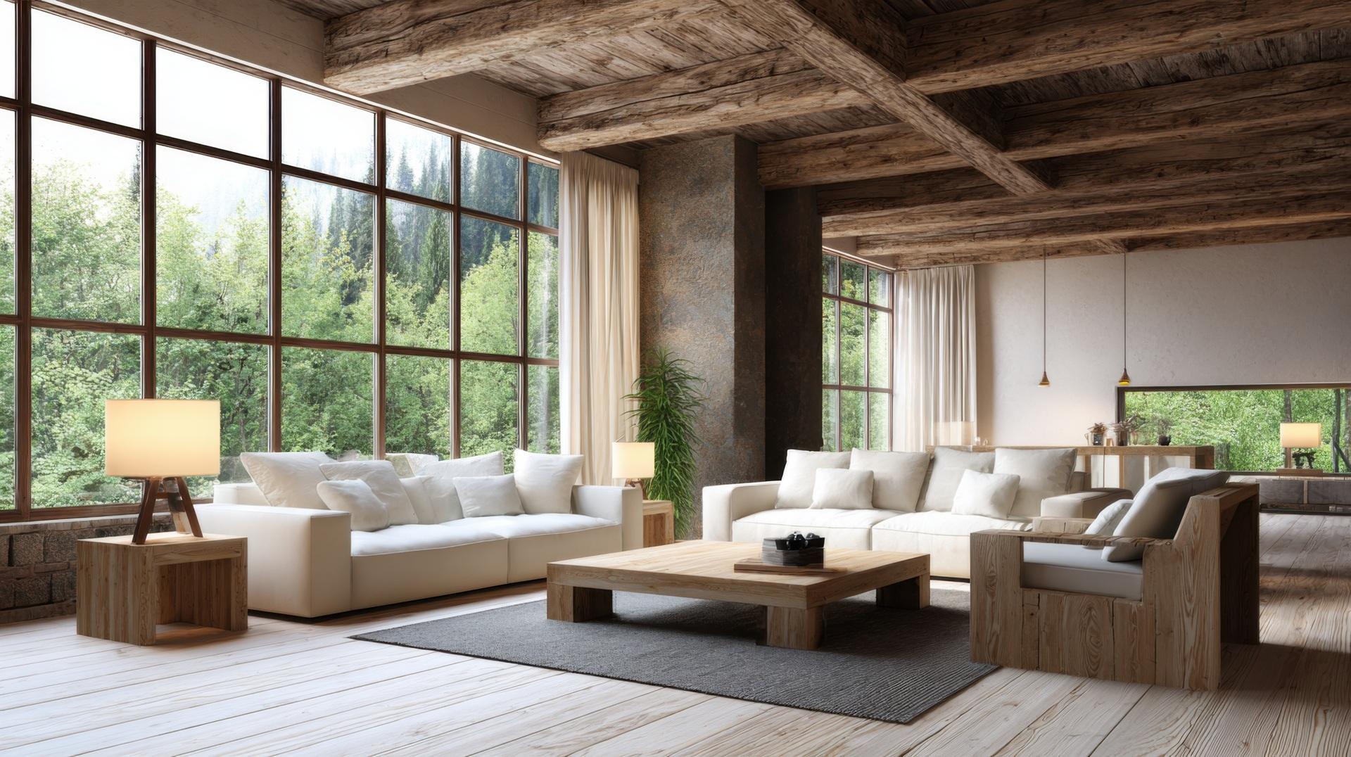 Großer Wohnraum mit viel Holz und Naturfensterblick | Moos Wandbild